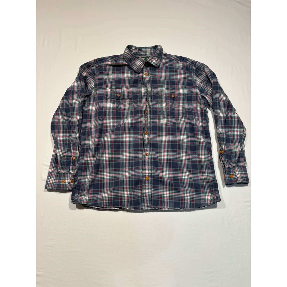 Orvis Mens Large Active Fit Plaid Flannel Button Down Shirt Navy Green Red L